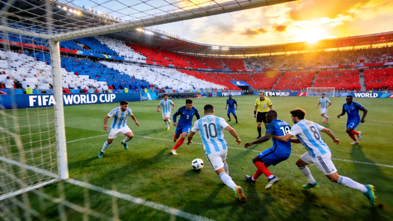 阿根廷与法国足球队在世界杯决赛中激烈对抗的赛场画面